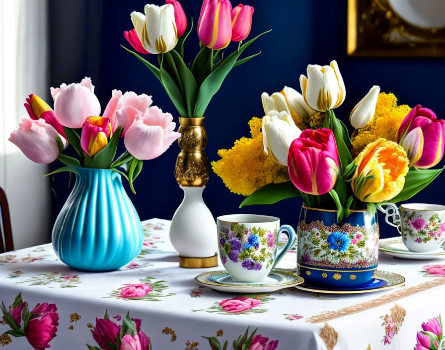 Colorful Tulips and Mimosa Flowers on Floral Table Setting