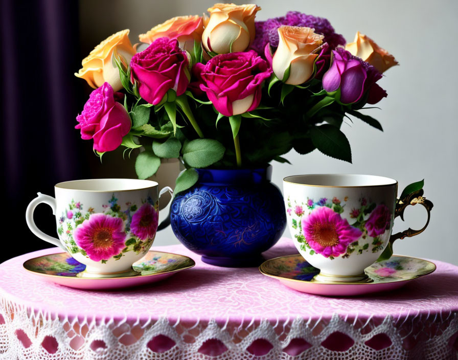 Vibrant roses in blue vase with floral teacups on lace tablecloth