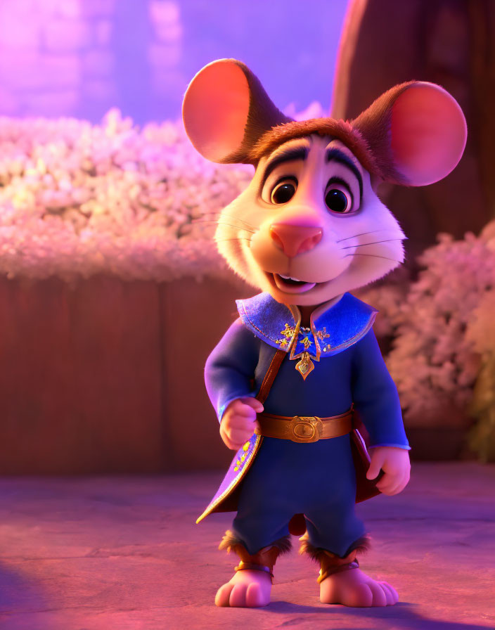 Medieval-themed animated mouse character in blue tunic and cloak with purple backdrop and white flowers.