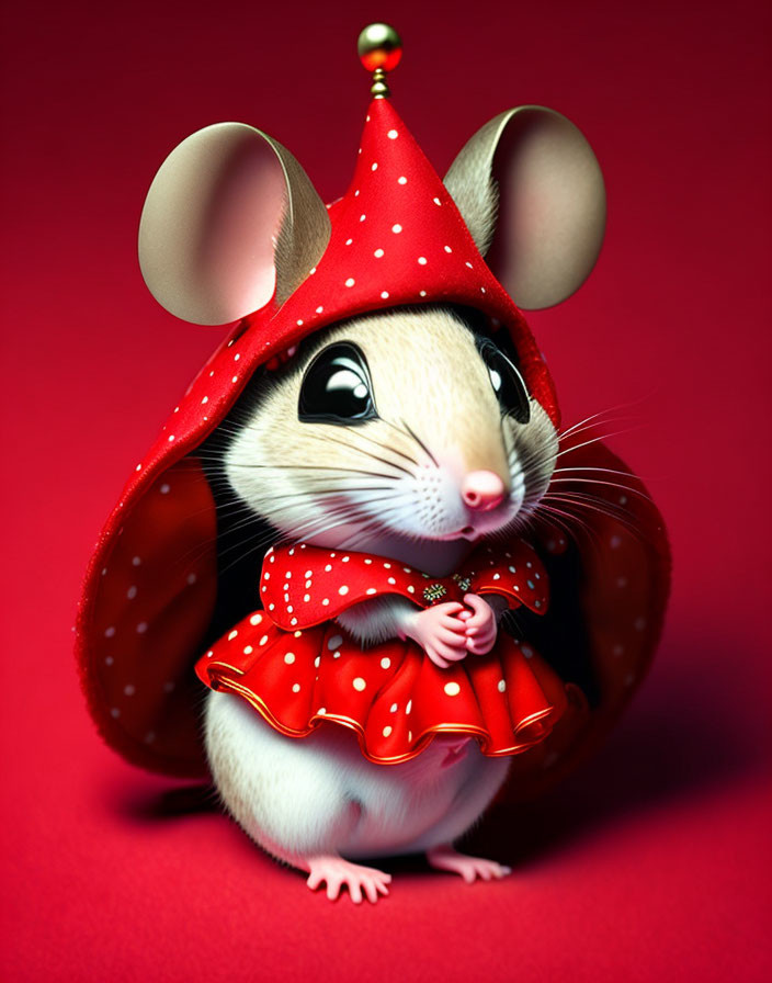 Whimsical red outfit with polka dots on a cute mouse