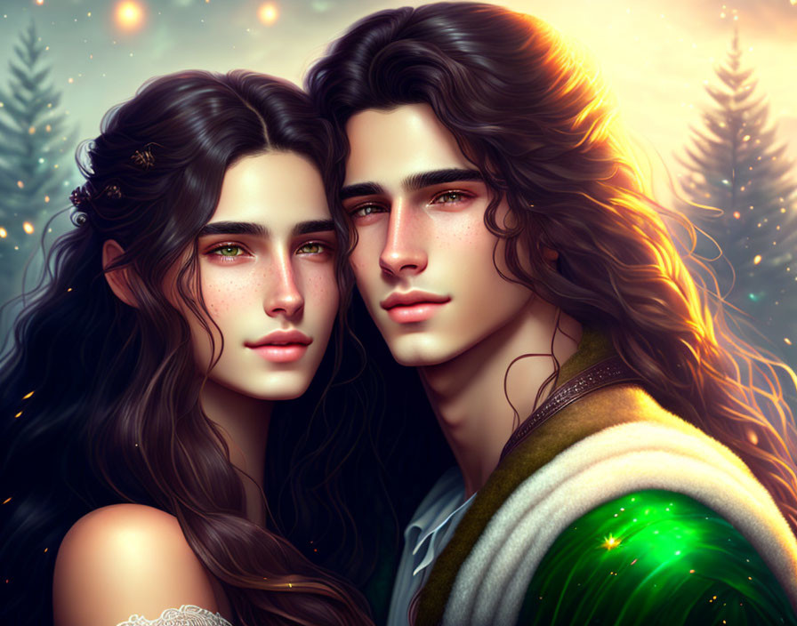 Illustrated portrait of young couple with long, wavy hair and green eyes in serene winter setting