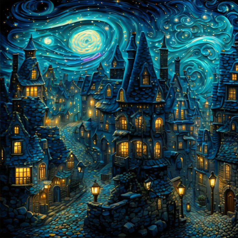 Whimsical night scene of cobblestone village under starry sky