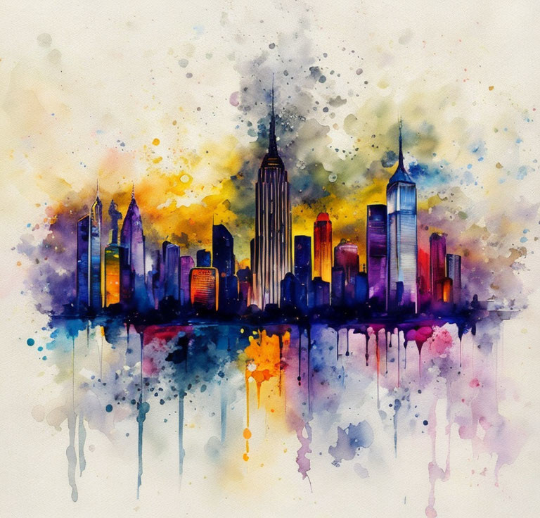 Colorful Watercolor Painting of City Skyline with Building Reflections