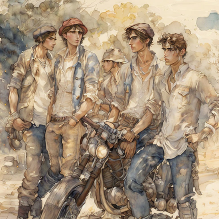 Four young men in vintage workwear with sepia-toned watercolor aesthetic around a classic motorcycle