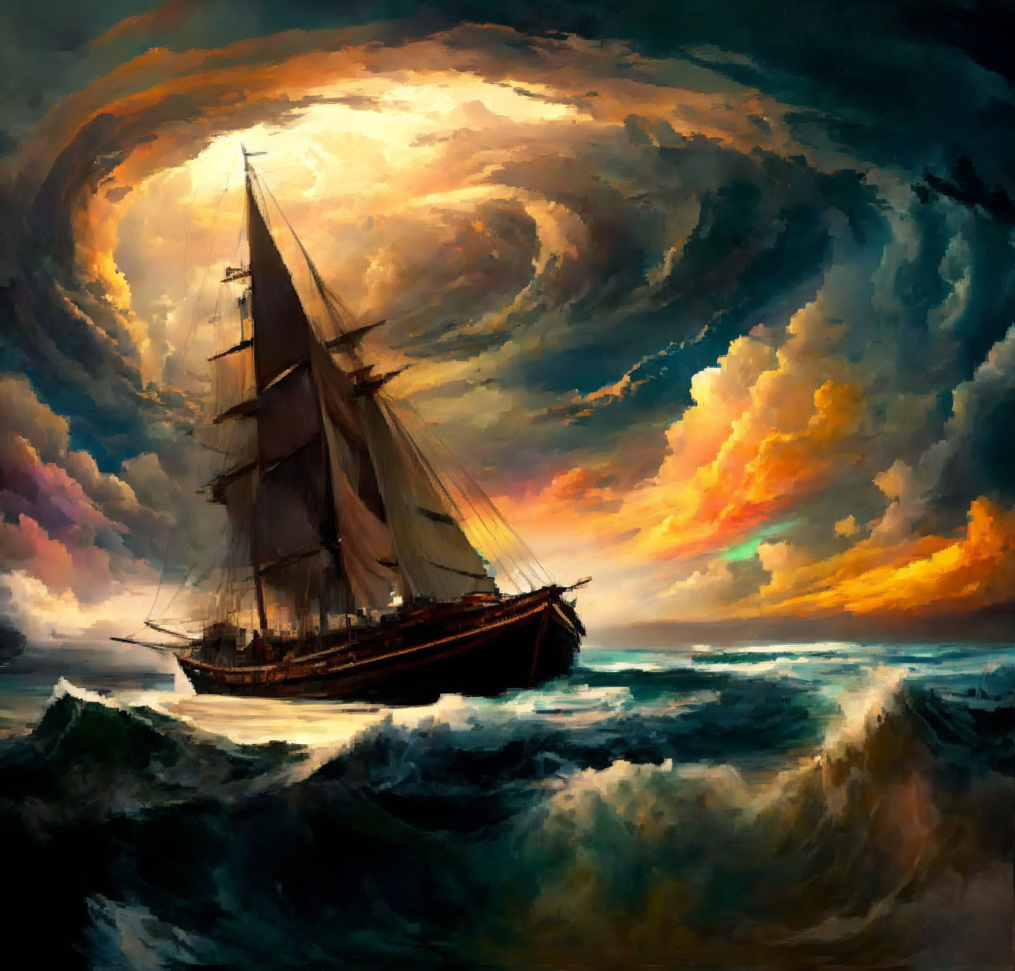 Sailing ship in turbulent seas under dramatic sunset sky