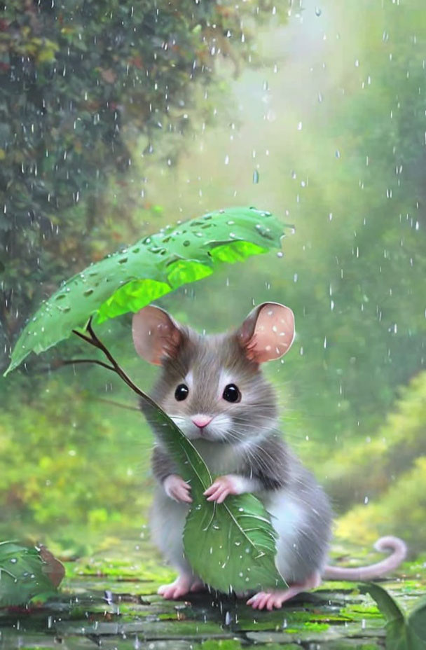 Adorable mouse with big eyes and ears sheltered by green leaf in rain