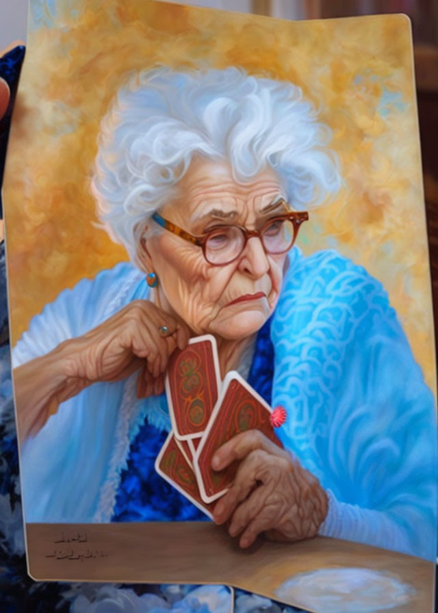 Elderly woman with glasses playing cards in blue attire