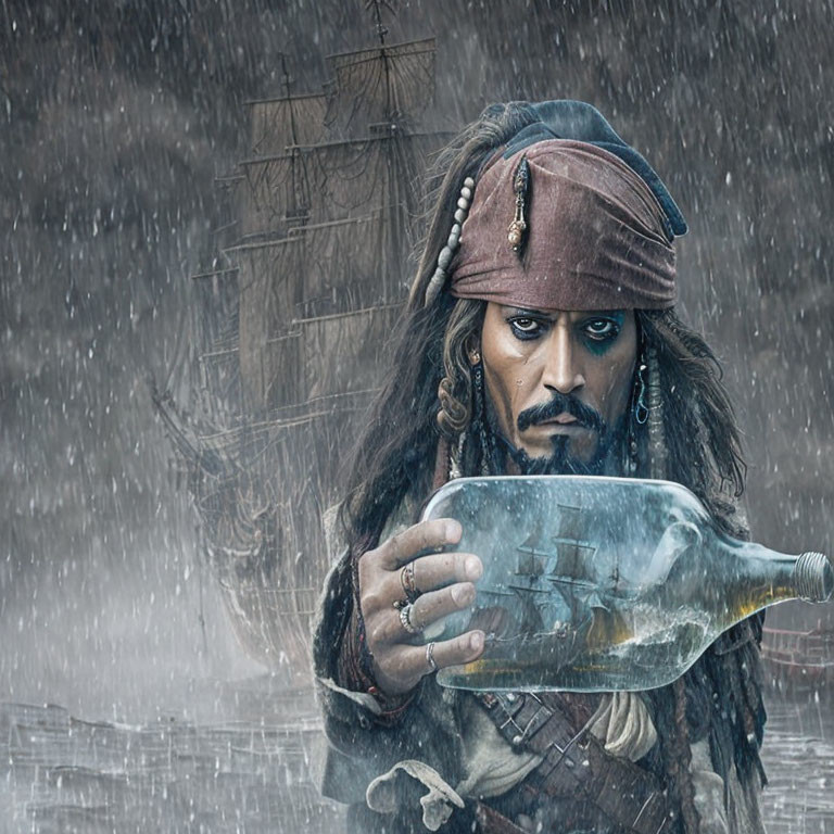 Pirate with Tricorner Hat Gazes at Ship in a Bottle amid Falling Snow