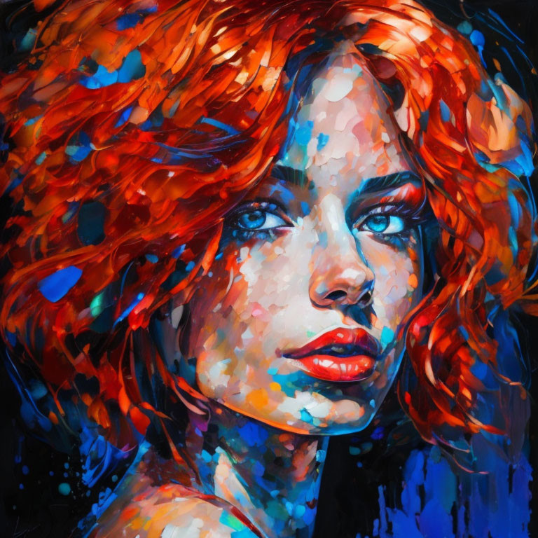 Colorful Impressionistic Portrait of Woman with Red Hair and Blue Eyes