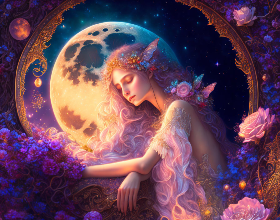 Fantasy illustration of fairy with long hair and delicate wings among vibrant flowers and detailed moon.