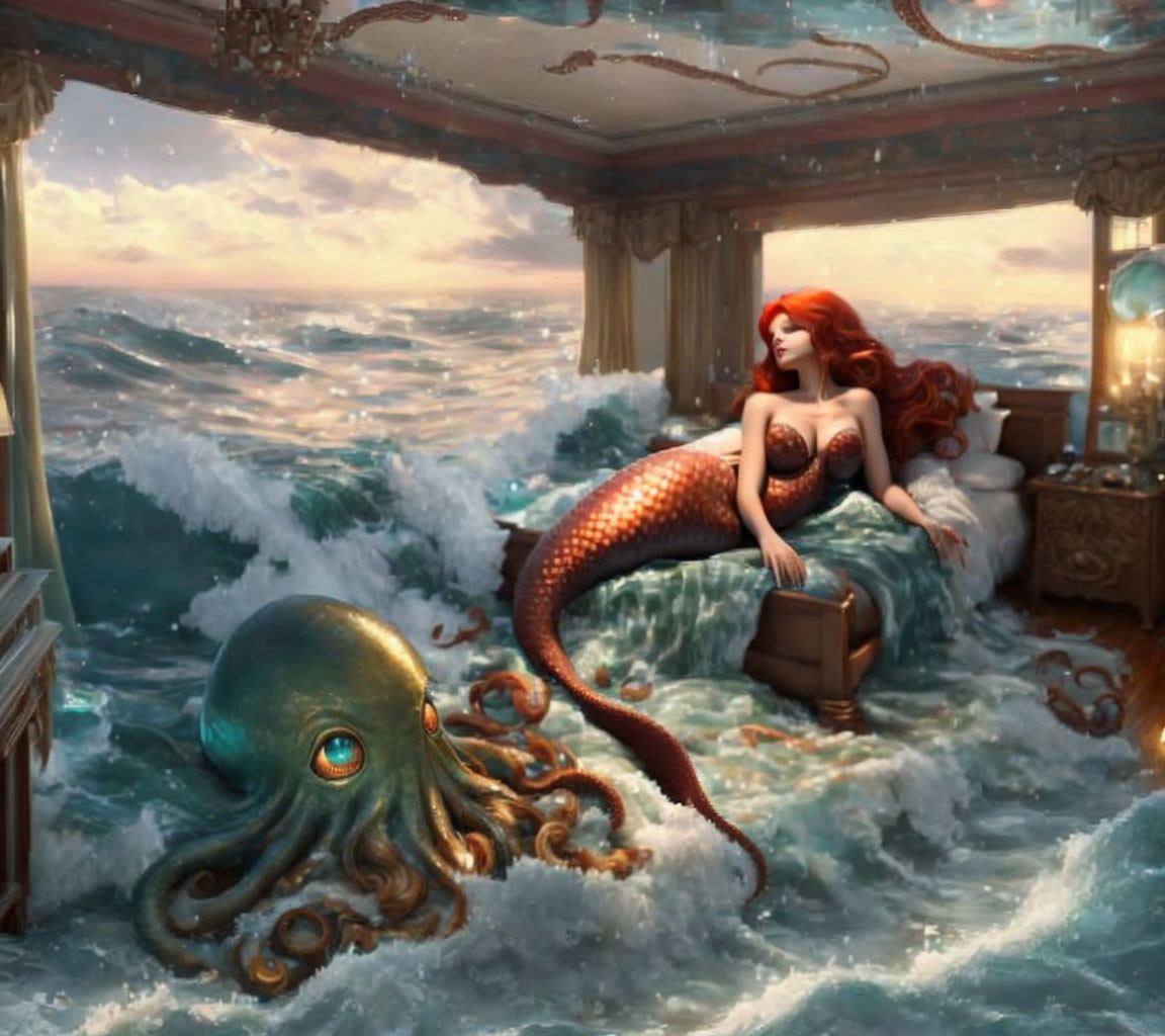 Red-haired mermaid in flooded room with octopus and stormy seas