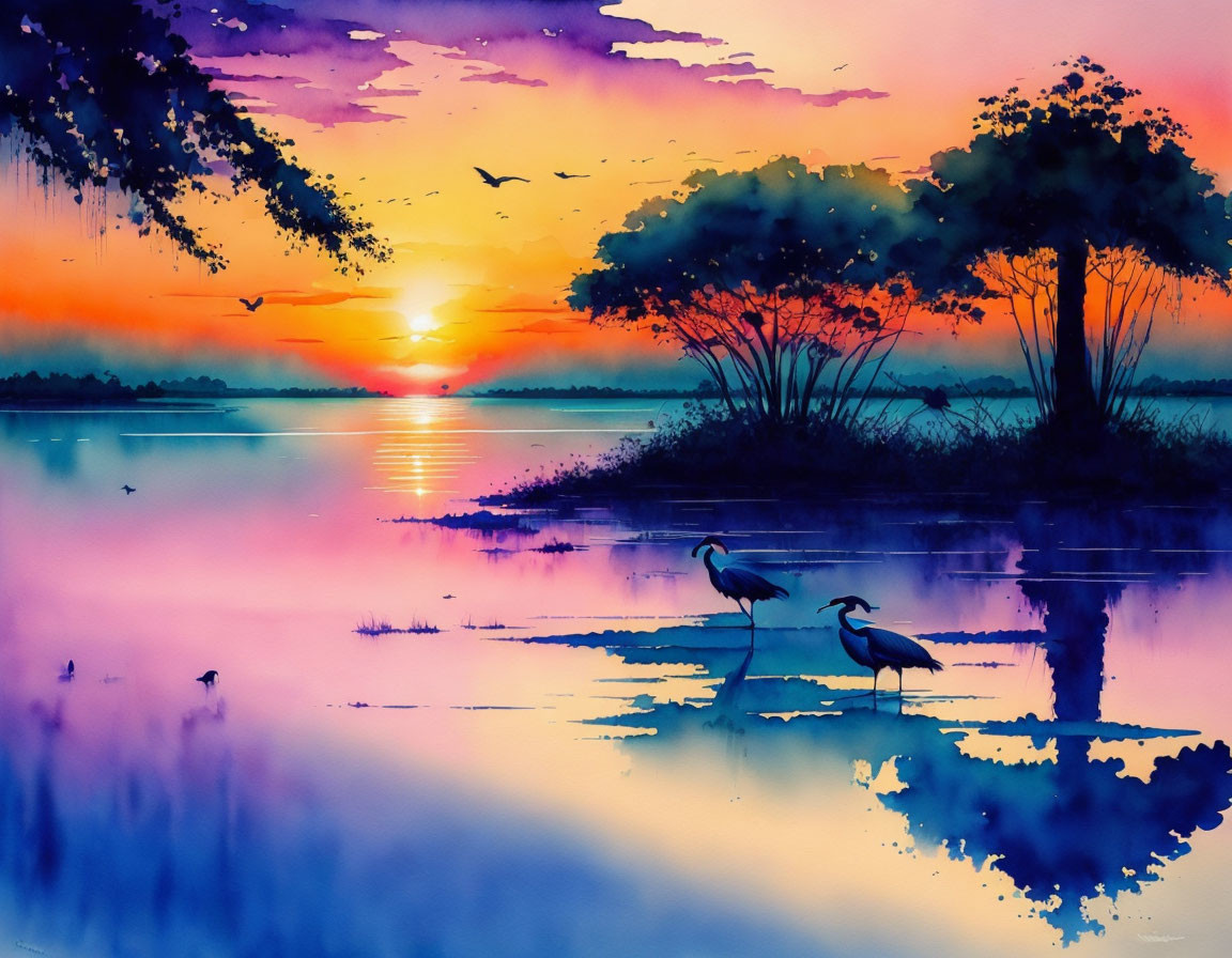 Serene sunrise lake watercolor with trees, birds, and storks