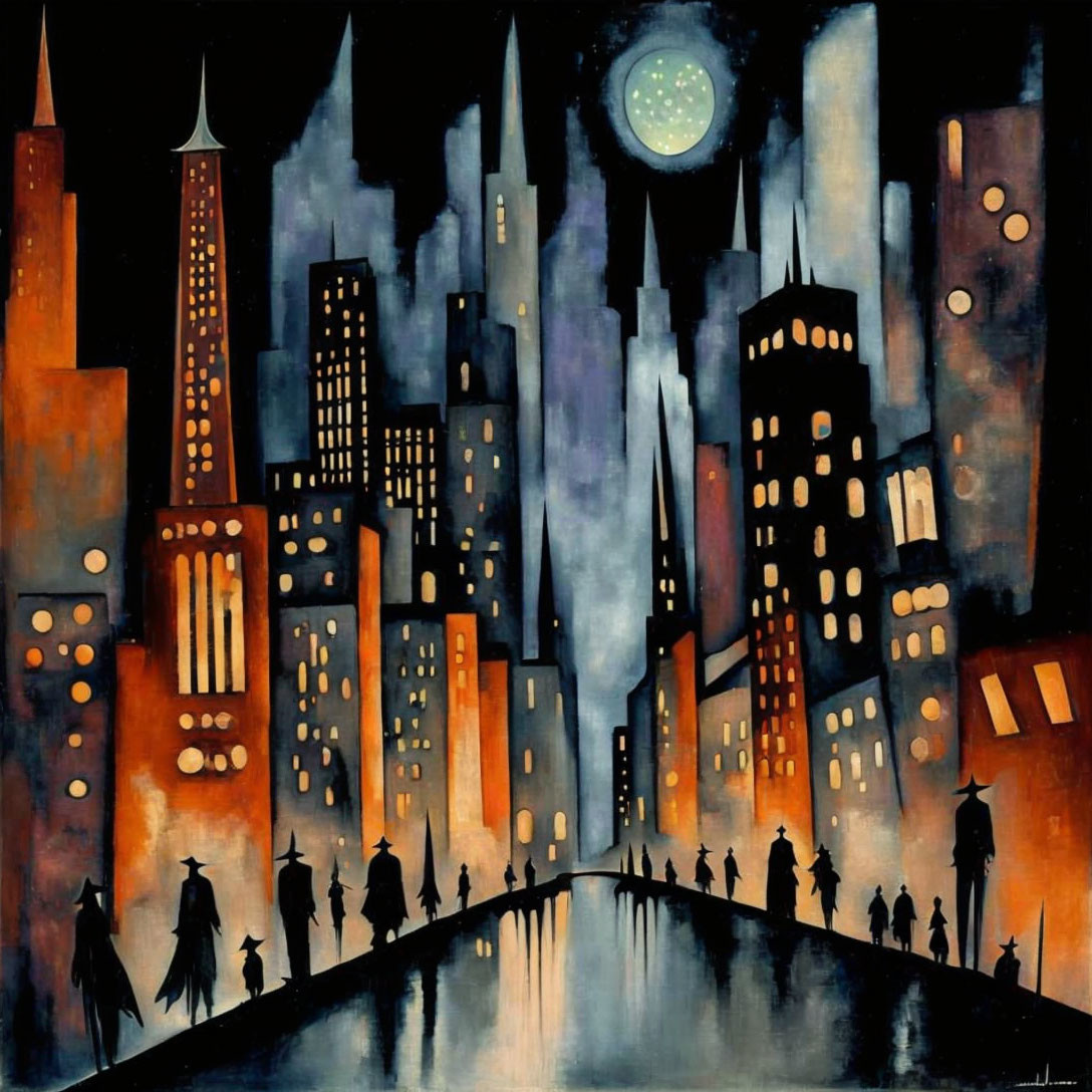 Moonlit cityscape painting with silhouettes and illuminated buildings reflected in waterway