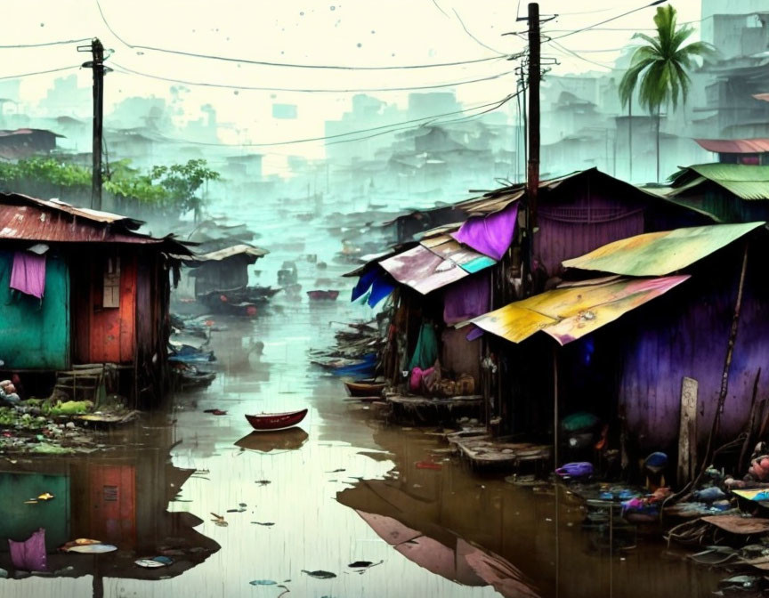 Foggy waterlogged slum with colorful rooftops and boats