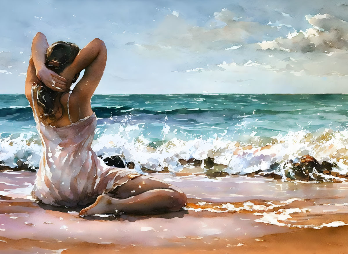 Woman in flowing dress sitting on sandy beach with arms raised, gazing at crashing waves