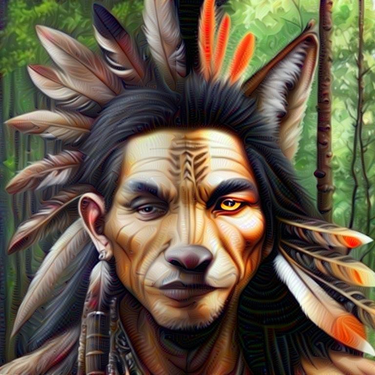 Indian Shaman and Spirit Animus wolf