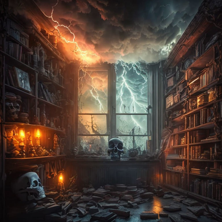 Dark room with books, candles, storm, lightning, and skulls