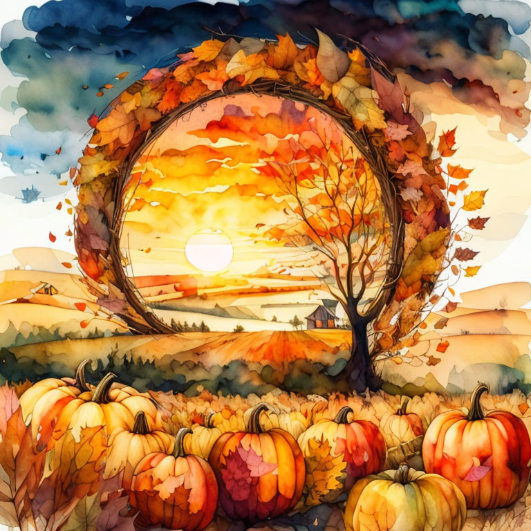 Autumn watercolor illustration: pumpkins, sunset tree, falling leaves