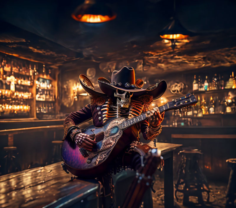 Skeleton playing guitar in cowboy attire at vintage bar