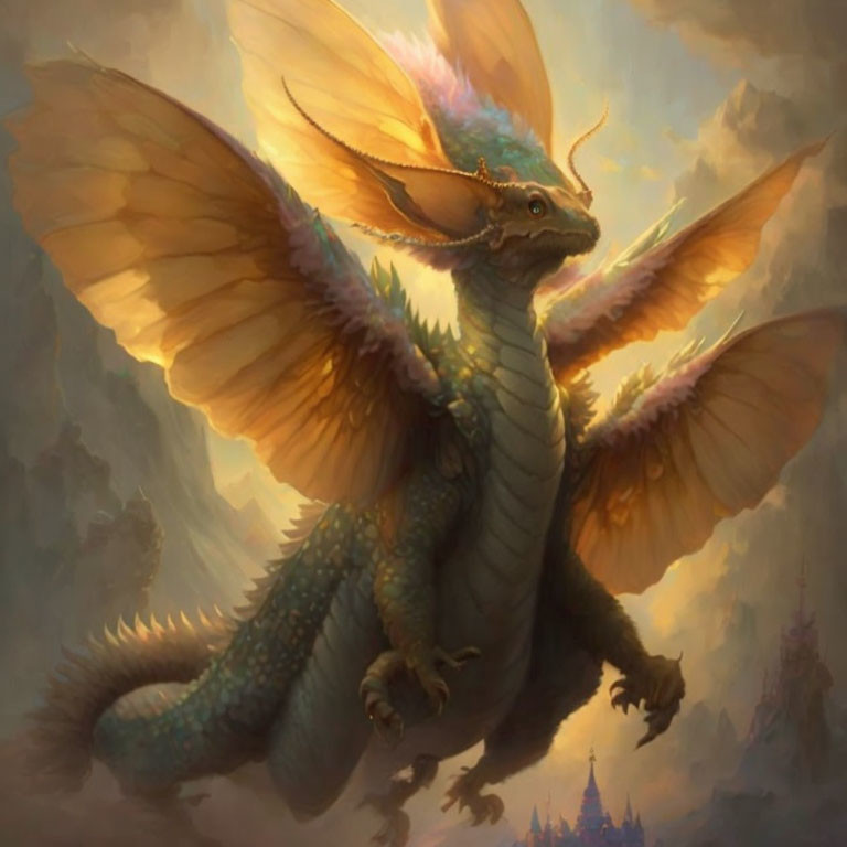 Illustrated dragon with expansive wings and elaborate horns on golden-toned background