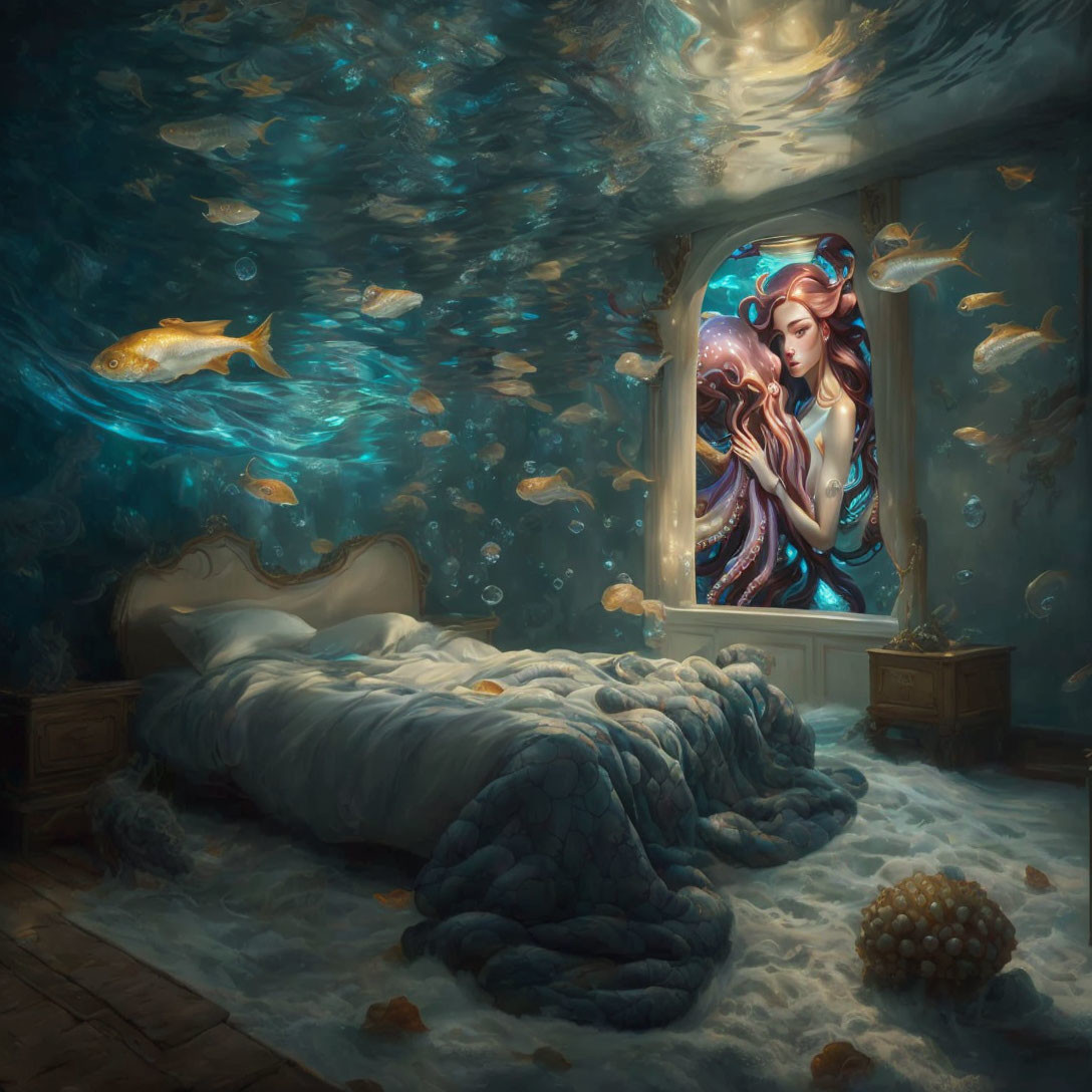 Woman's portrait in porthole window in underwater-themed bedroom