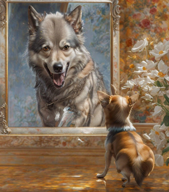 Small Dog Admires Regal Wolf-Like Dog Painting