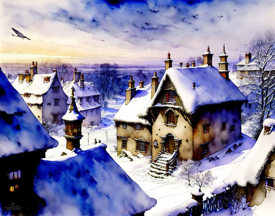 Snow-covered village with houses, chimneys, lantern, and twilight sky.