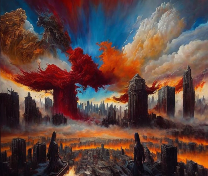 Vividly colored apocalyptic scene with ominous clouds above ruined cityscape.