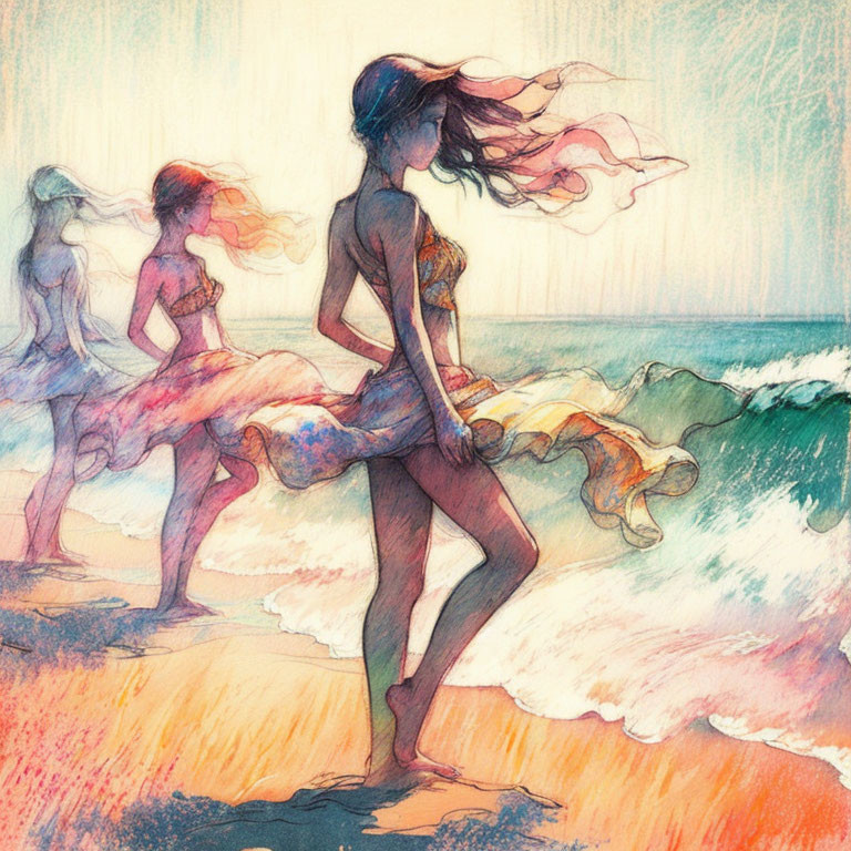 Translucent women in dresses by the sea at sunset