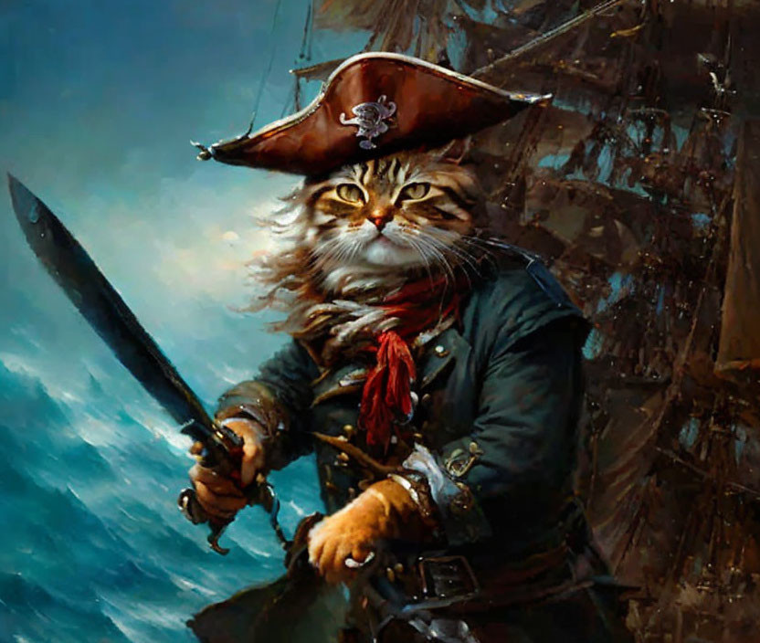 Whimsical cat pirate painting on stormy seascape