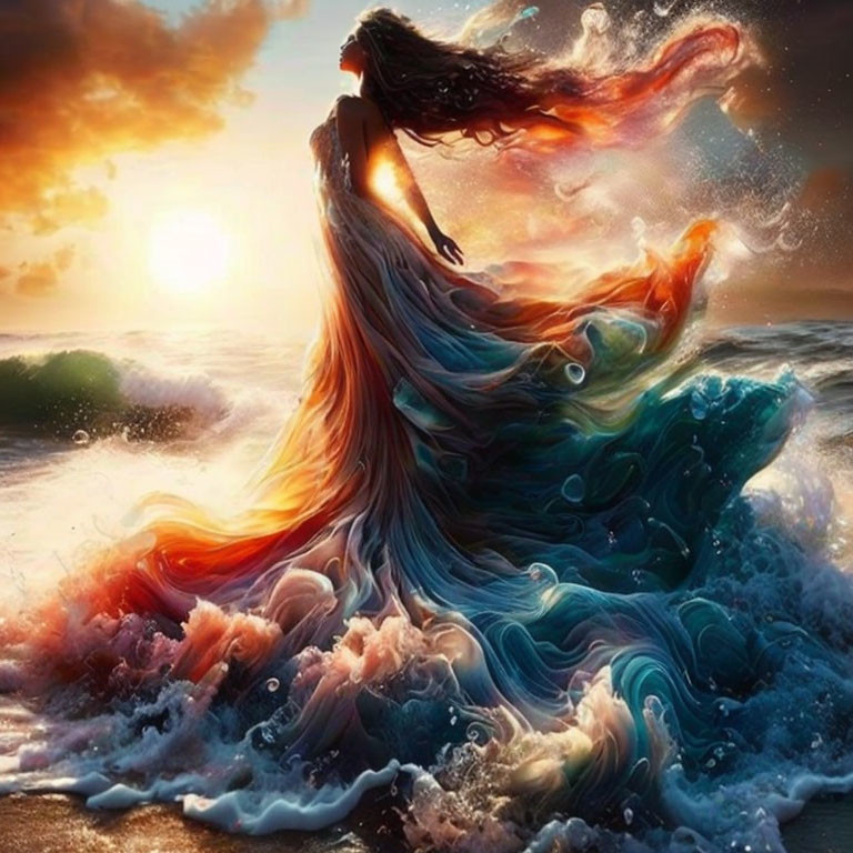 Woman in flowing gown merges with sea waves at sunset