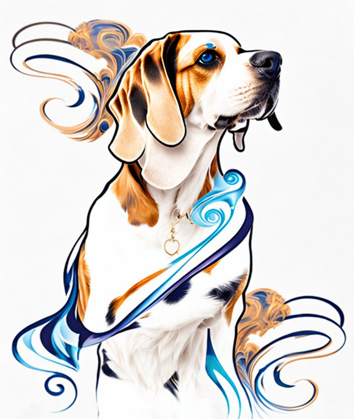 Stylized blue and gold ribbon design around beagle on white background