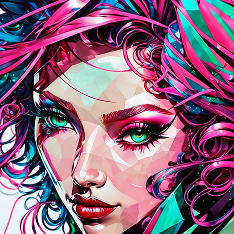 Colorful digital portrait of a woman with green eyes and vibrant hair