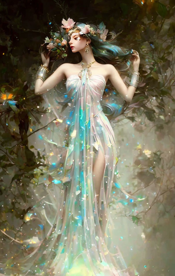 Ethereal woman in flowing dress with flowers and jewelry in dreamy forest.