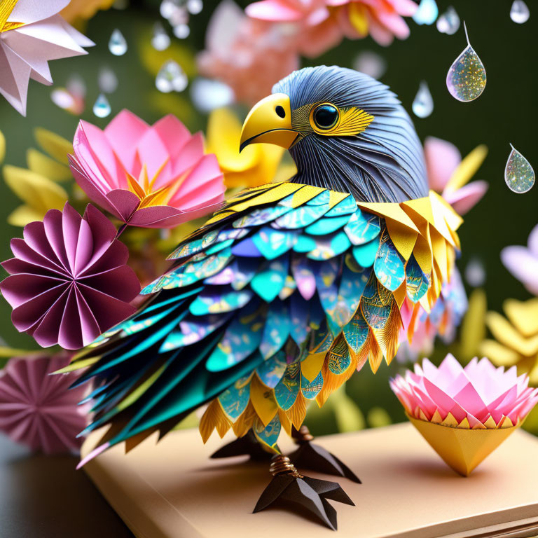 Colorful origami bird with iridescent feathers in paper art composition