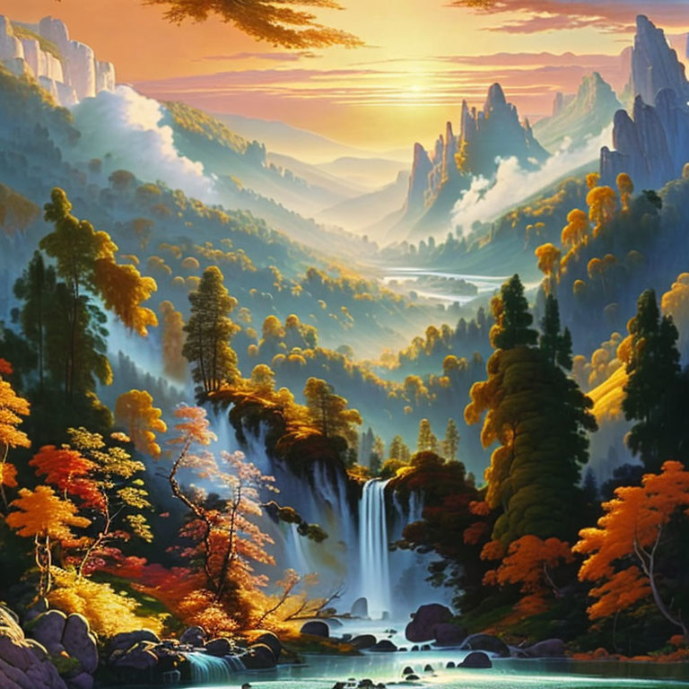 Autumn landscape painting: waterfall, river, cliffs & trees.