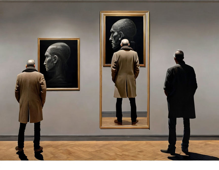 Three individuals observing two large portraits of a bald profile in an art gallery