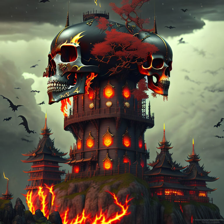 Skull-shaped building with Asian architecture, bats, and ominous sky