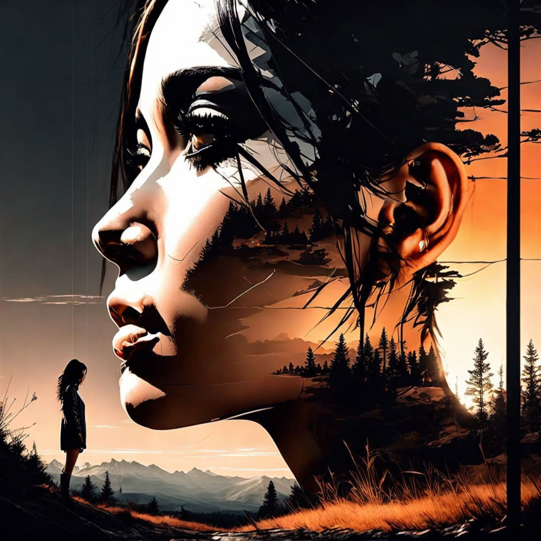 Digital artwork: Woman's profile merges with sunset landscape, trees, figure, mountains.