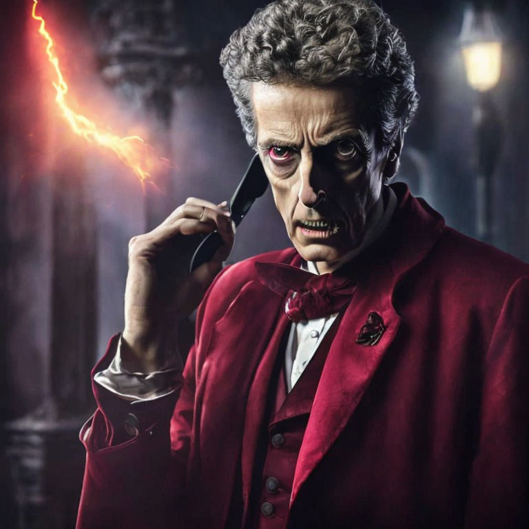 Wild Gray-Haired Man in Red Velvet Coat with Lightning Bolt Background