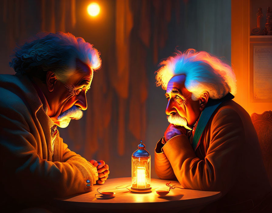 Animated versions of Einstein playing board game in cozy forest setting