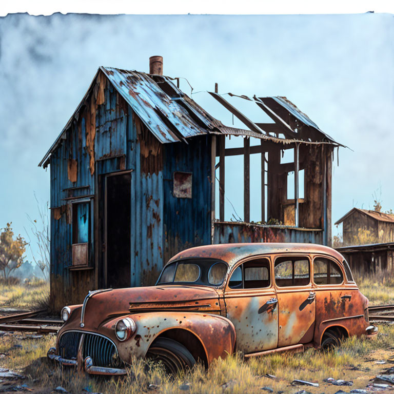 Abandoned rusty car in front of dilapidated wooden shack under cloudy sky