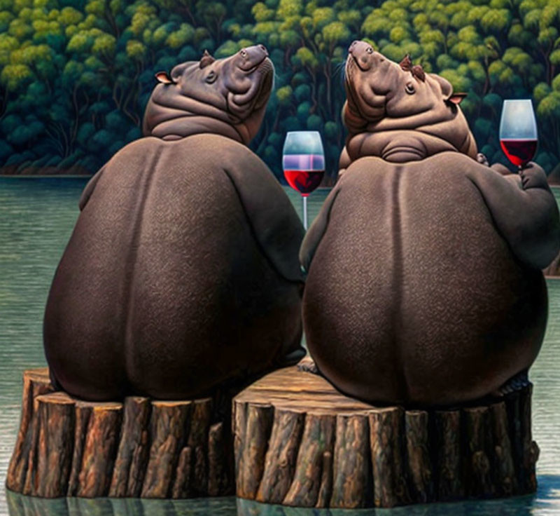 Cartoon hippos with red wine glasses on stumps near riverbank