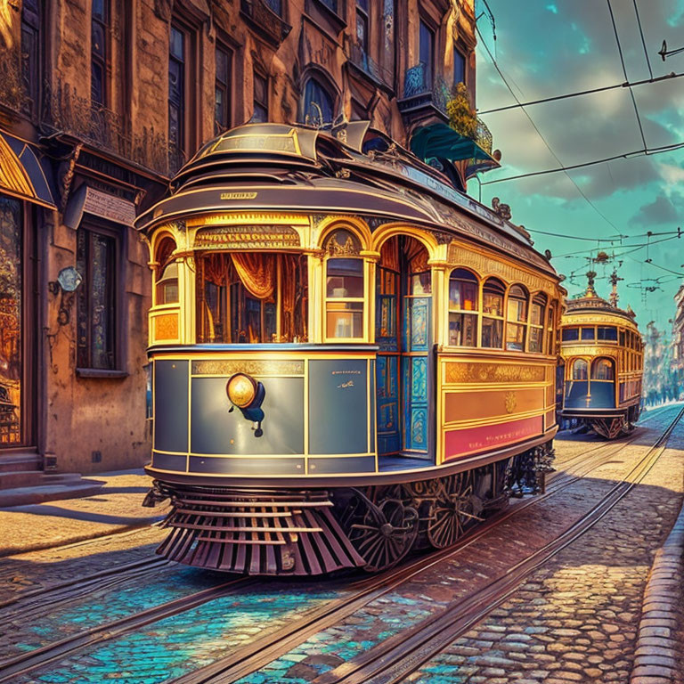 Vintage trams on cobblestone street with historic architecture under clear blue sky