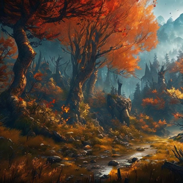 Vibrant autumn forest with rocky stream and misty mountains