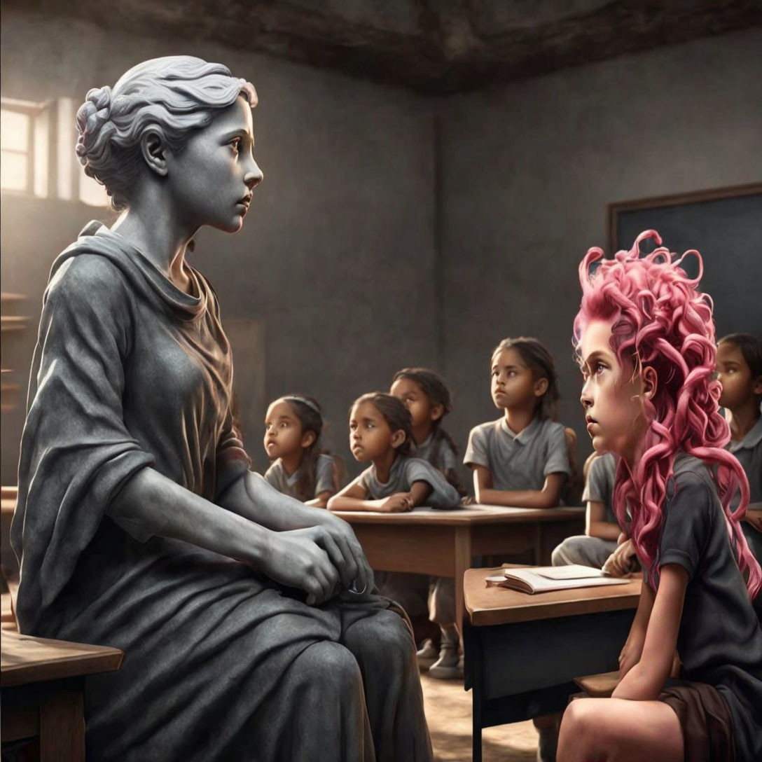 Blue-grey statue-like woman teaching children with one having pink curly hair