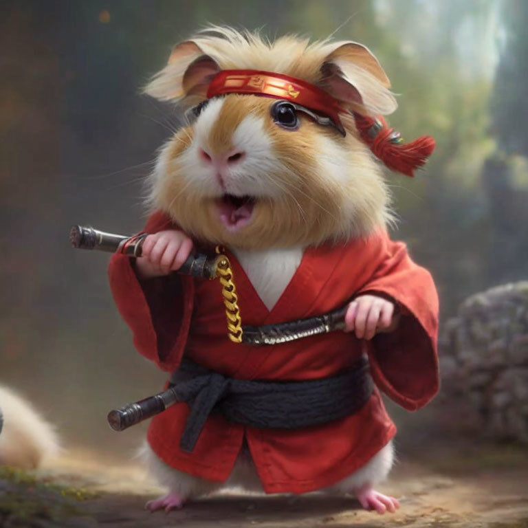 Digital artwork of guinea pig samurai in misty forest