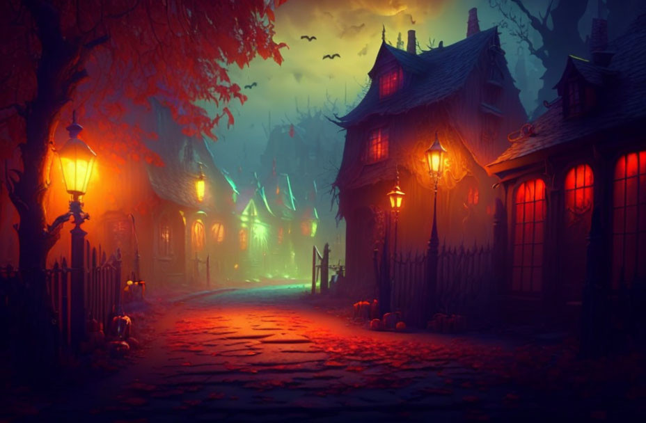 Spooky street scene at dusk with lanterns, pumpkins, mysterious figure, gothic houses,