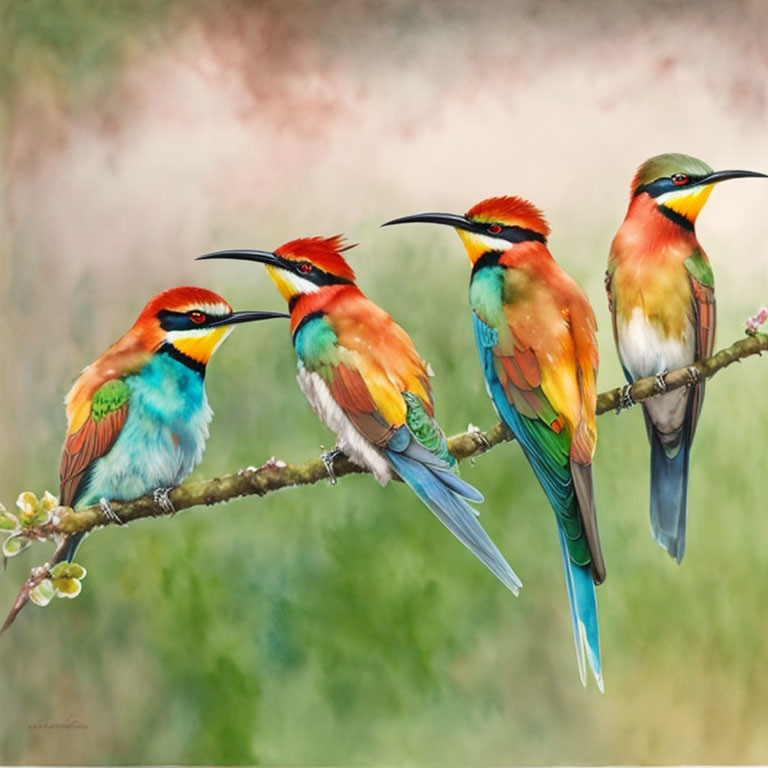 Four European Bee-eaters on branch with soft background