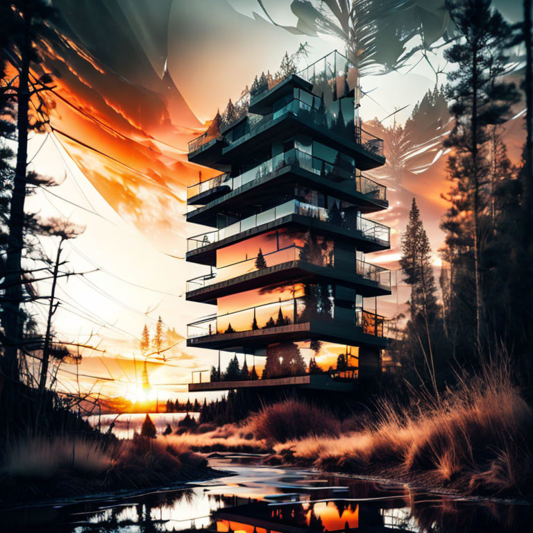 Modern multi-story building with glass facades in forest setting at sunset